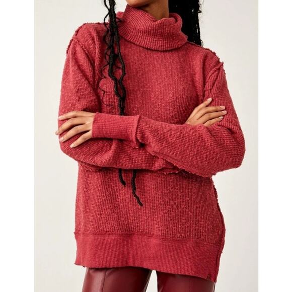 Free People Sweaters - Free People We The Free Waffle Knit Turtleneck Sweater Side Slit Muted Red XS